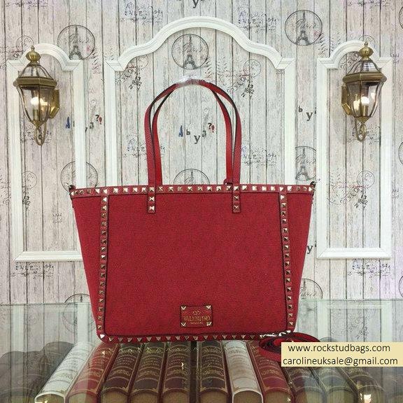 2015 Valentino Jacquard Fabric Rockstud Double Medium Reversible Tote Red - Click Image to Close