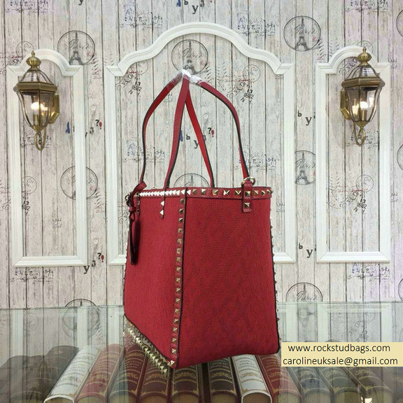 2015 Valentino Jacquard Fabric Rockstud Double Medium Reversible Tote Red - Click Image to Close