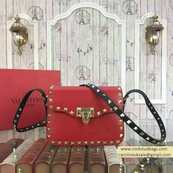 2015 Valentino Rockstud Cross-Body Bag in Two Tone Calfskin Red/Black - Click Image to Close