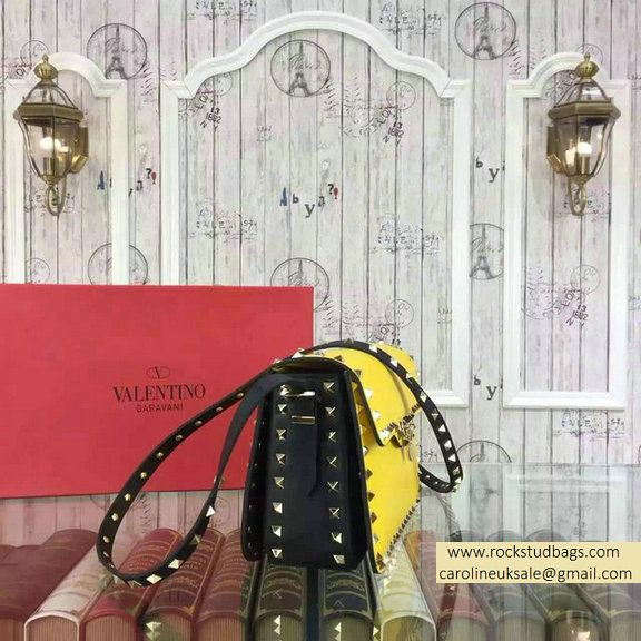 2015 Valentino Rockstud Shoulder Bag in Two Tone Calfskin Yellow/Black - Click Image to Close