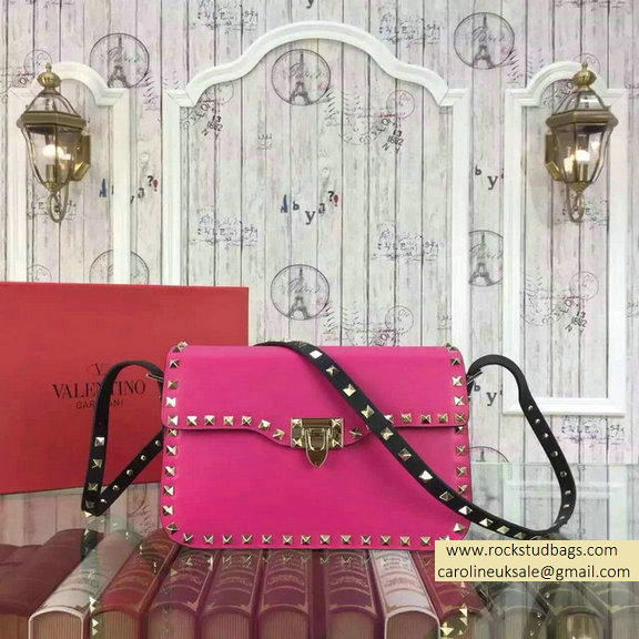 2015 Valentino Rockstud Shoulder Bag in Two Tone Calfskin Rosy/Black - Click Image to Close