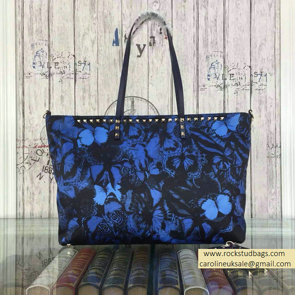 Valentino Camu Butterfly Printed Nylon Tote Bag Blue - Click Image to Close