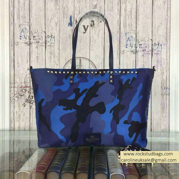 Valentino Camouflage Printed Nylon Tote Bag Blue - Click Image to Close