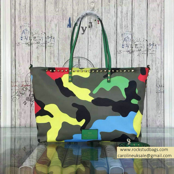 2015 Valentino Camouflage Printed Nylon Tote Bag Green