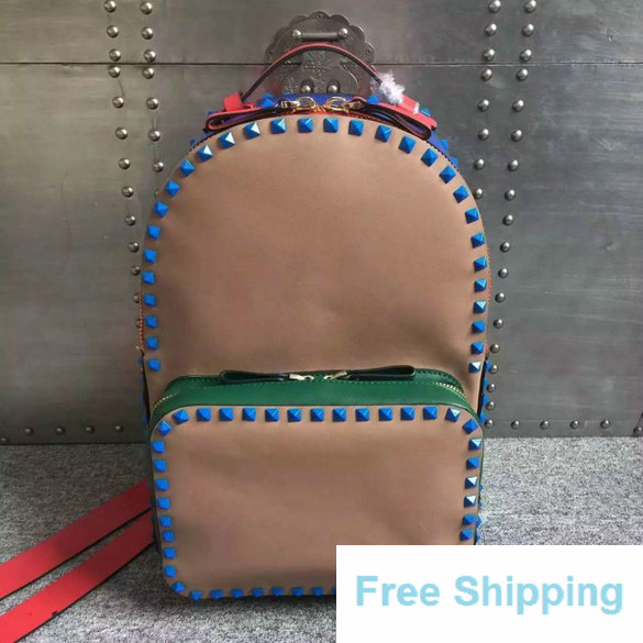 2016 Resort Valentino Beige/Blue/Pink/Green Four-Color Rockstud Medium Backpack Bag - Click Image to Close