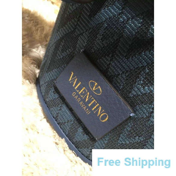 Valentino Eye On You Vitello Bucket Bag in Jacquard Fabric Blue - Click Image to Close