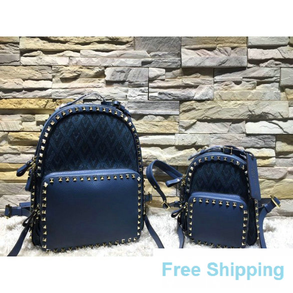 Valentino Fabric Rockstud l Small Backpack Army Blue - Click Image to Close