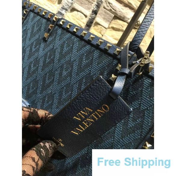 Valentino Jacquard Fabric Rockstud Double Large Reversible Tote Blue - Click Image to Close