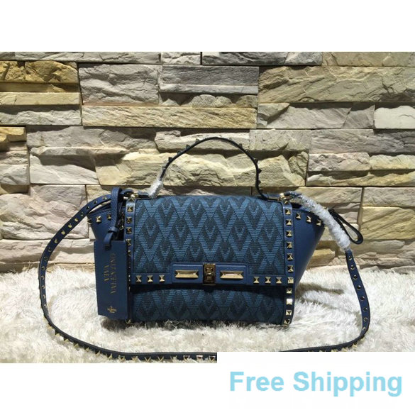 Valentino Rockstud Fabric and Calfskin Shoulder Tote Bag in Blue - Click Image to Close