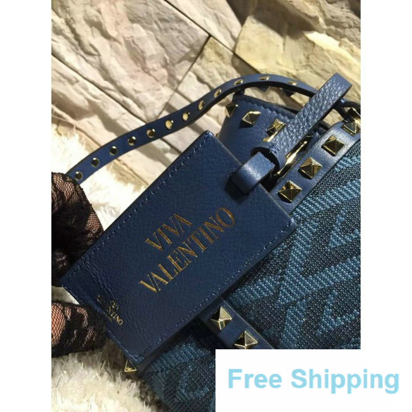 Valentino Rockstud Fabric and Calfskin Shoulder Tote Bag in Blue - Click Image to Close