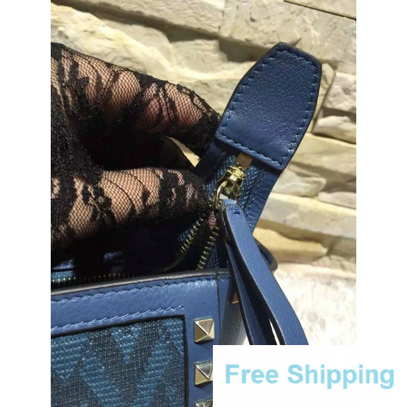 Valentino Rockstud Fabric and Calfskin Shoulder Tote Bag in Blue
