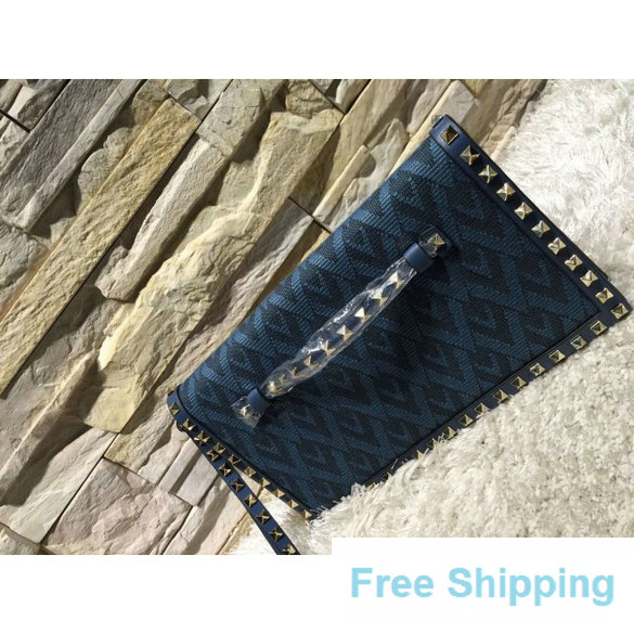 Valentino Rockstud Small Clutch in Fabric and Calfskin Blue