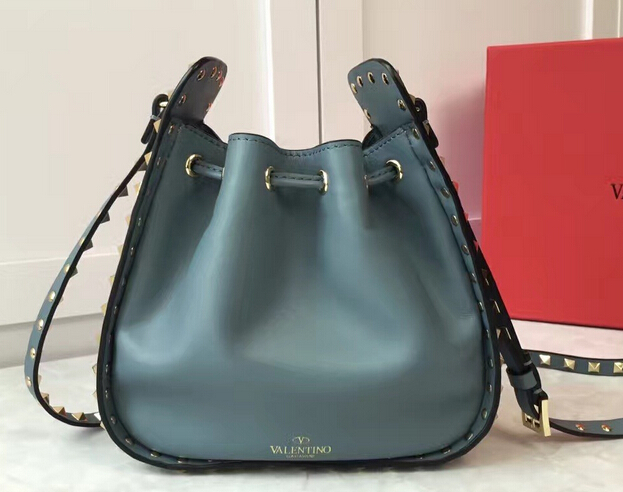 Spring 2017 Valentino Rockstud Drawstring Bucket Bag Baby blue - Click Image to Close