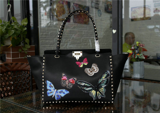 2016 A/W Valentino Rockstud Tote Bag Black with multicoloured butterfly embroidery