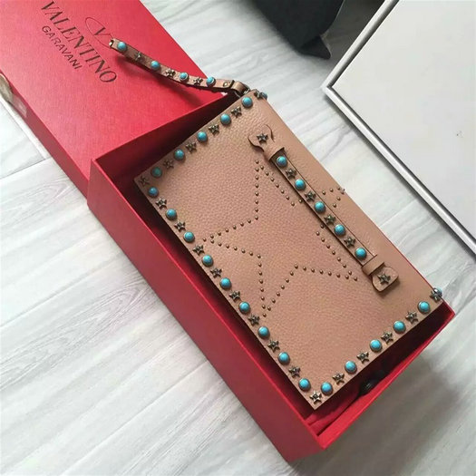2016 A/W Valentino Garavani Starstudded Clutch in apricot leather with studs and turquoise stones