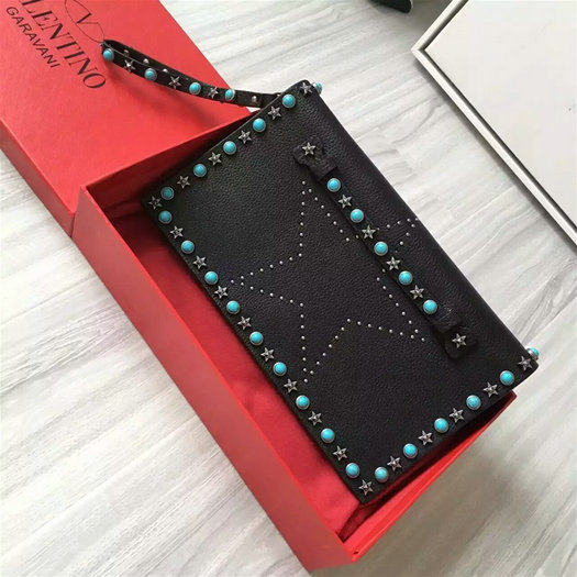 2016 A/W Valentino Garavani Starstudded Clutch in black leather with studs and turquoise stones