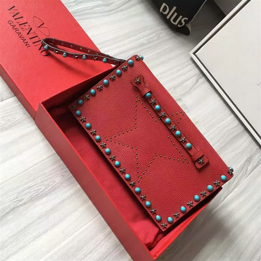 2016 A/W Valentino Garavani Starstudded Clutch in red leather with studs and turquoise stones