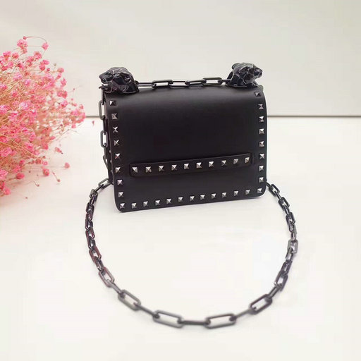 2017 F/W Valentino Small Rockstud Panther Chain Shoulder Bag in Black Leather