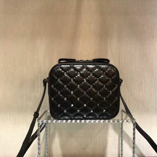 2017 New Valentino Rockstud Spike Camera Bag in Black Lambskin Leather