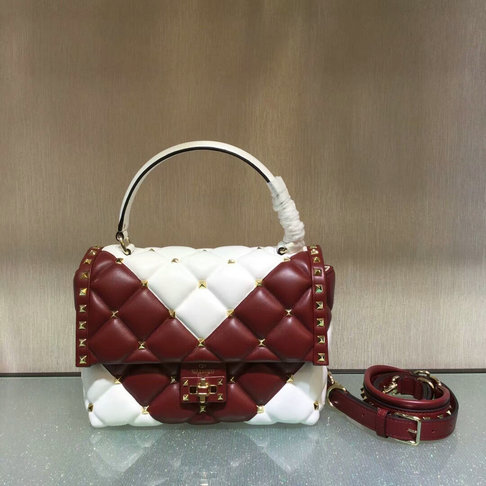 2018 S/S Valentino "V" Intarsia Candystud Single Handle Bag in Burgundy/White lambskin leather