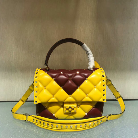 2018 S/S Valentino "V" Intarsia Candystud Single Handle Bag in Yellow/Burgundy lambskin leather