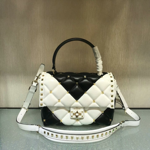 2018 S/S Valentino "V" Intarsia Candystud Single Handle Bag in White/Black lambskin leather