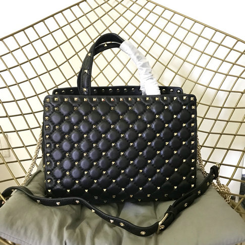 2018 S/S Valentino Rockstud Spike Tote Bag in Black Lambskin Leather