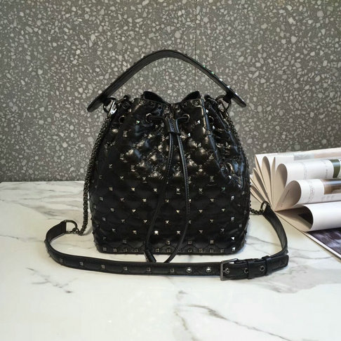 2018 S/S Valentino Rockstud Spike Medium Bucket Bag in black crackle lambskin leather