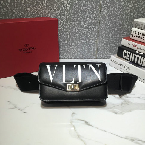 2018 Valentino VLTN Logo Belt Bag in Black Calf Leather