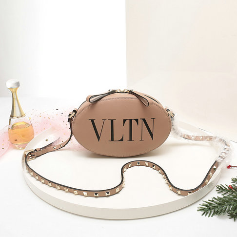 2018 New Valentino Rockstud Round Crossbody Bag in VLTN Print Calf Leather