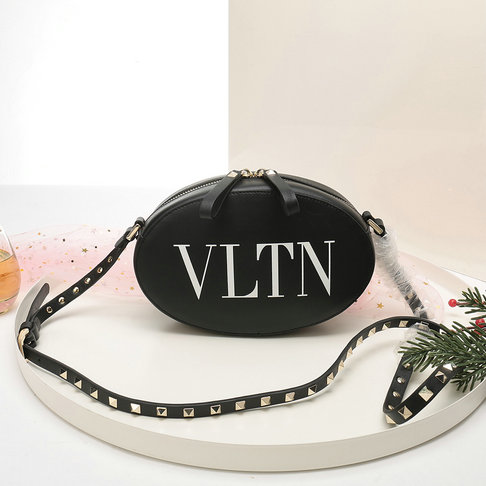 2018 New Valentino Rockstud Round Crossbody Bag in VLTN Print Calf Leather