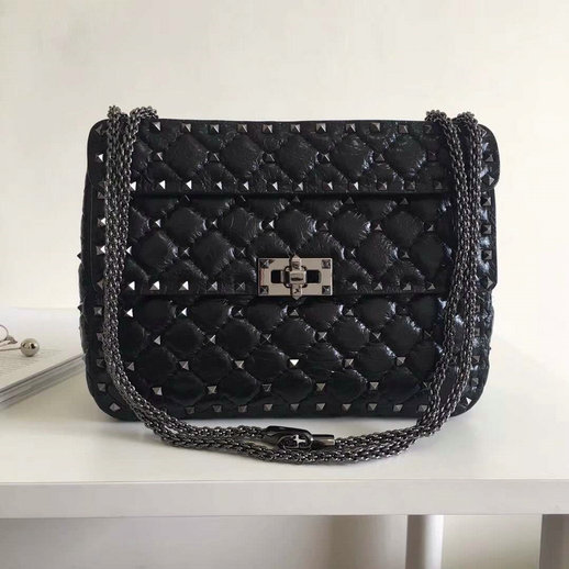 2018 S/S Valentino Garavani Rockstud Spike Medium Bag in Black Crackle Lambskin Leather