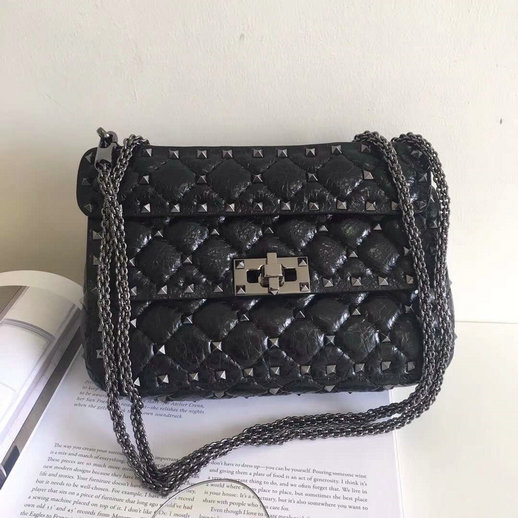 2018 S/S Valentino Garavani Rockstud Spike Small Bag in Black Crackle Lambskin Leather