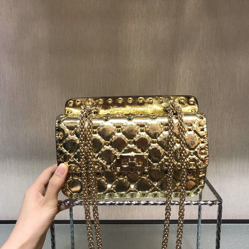 2018 S/S Valentino Garavani Rockstud Spike Small Bag in Gold Crackle Lambskin Leather
