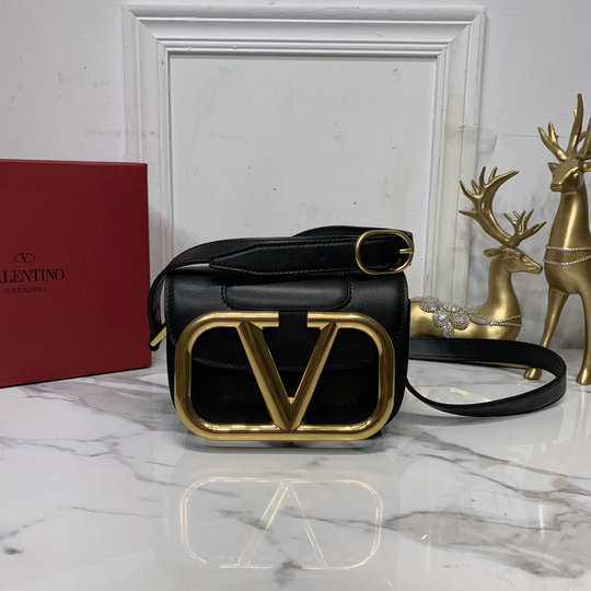 2020 Valentino Supervee Small Shoulder Bag Black with maxi metal logo
