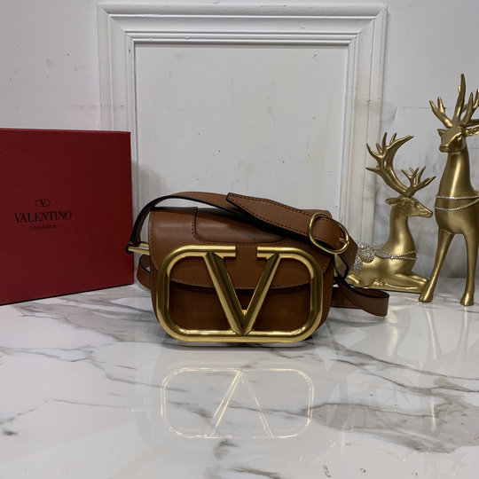 2020 Valentino Supervee Small Shoulder Bag Saddle Brown with maxi metal logo
