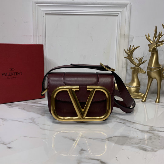 2020 Valentino Supervee Small Shoulder Bag Burgundy with maxi metal logo