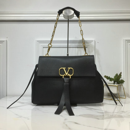 2019 Valentino Medium VRing Grainy Calfskin Chain Bag in Black