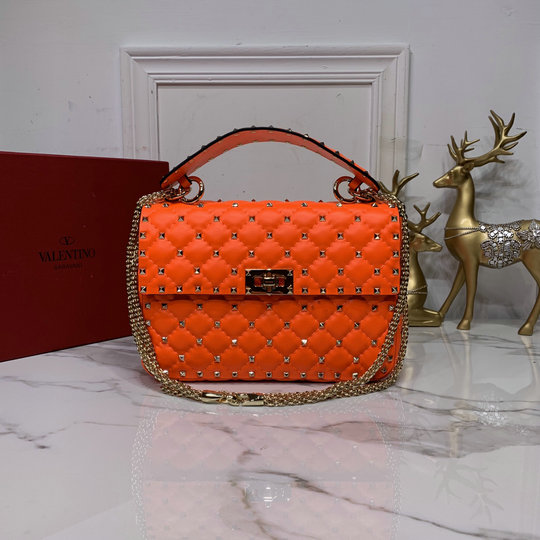 2020 Valentino Medium Rockstud Spike Fluo Calfskin Leather Bag in Orange