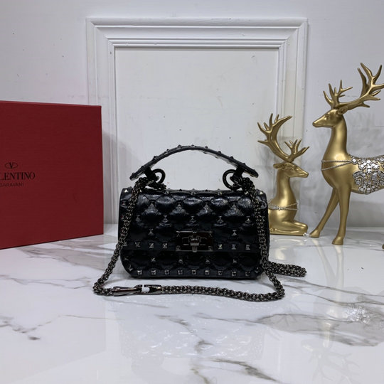 2020 Valentino Mini Rockstud Spike Crinkled Lambskin Bag in Black