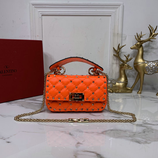 2020 Valentino Mini Rockstud Spike Fluo Calfskin Leather Bag in Florescent Orange