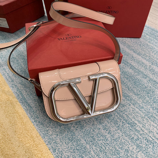 2020 Valentino Small Supervee Shoulder Bag in Nude Patent Leather