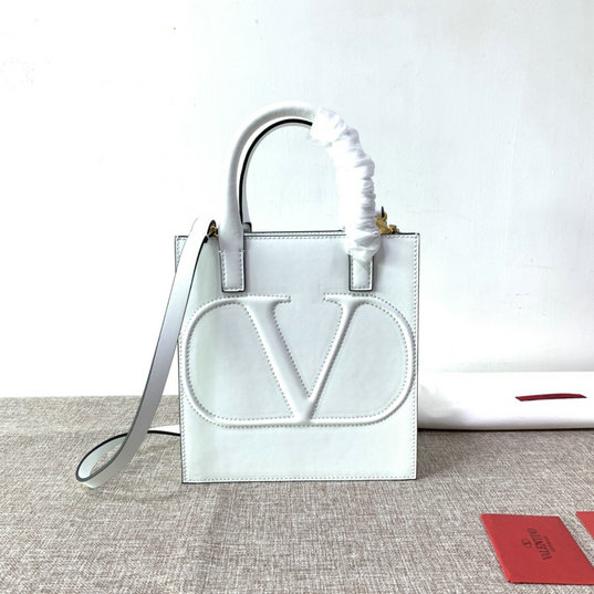 2020 Valentino Small VLogo Walk Tote Bag in White Calfskin Leather