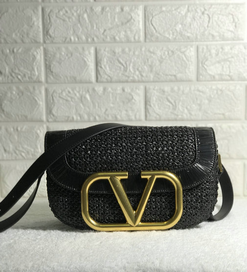 2020 Valentino Supervee Crossbody Bag in Woven Viscose Raffia with maxi VLogo Signature black - Click Image to Close