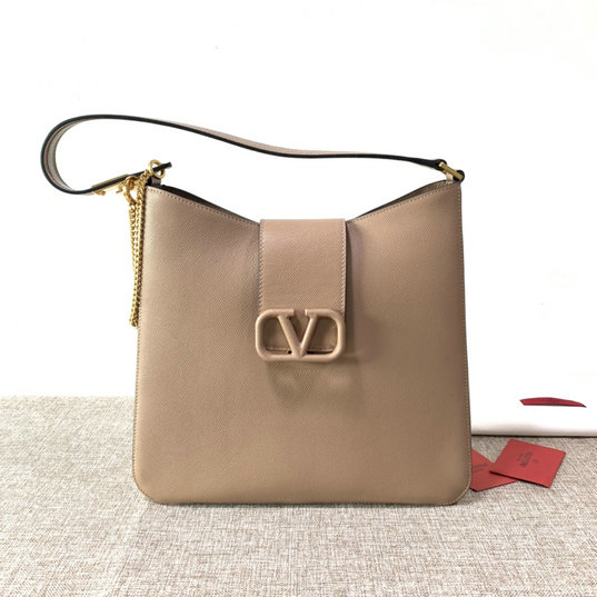 2020 Valentino VSLING Hobo Bag in Nude Grainy Calfskin Leather