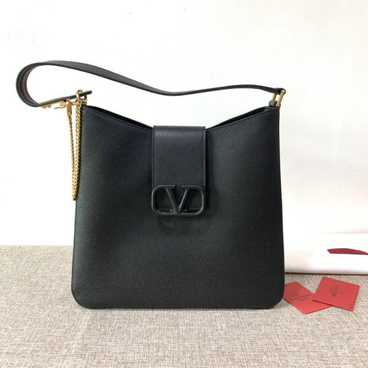 2020 Valentino VSLING Hobo Bag in Black Grainy Calfskin Leather