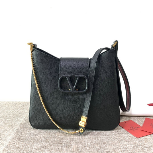 2020 Valentino Small VSLING Hobo Bag in Black Grainy Calfskin Leather