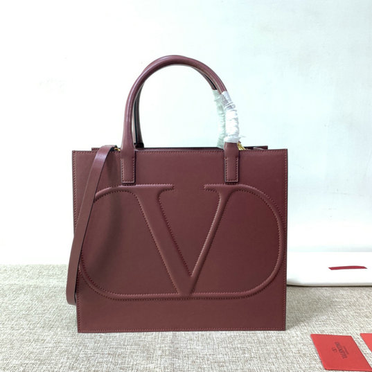 2020 Valentino VLogo Walk Tote Bag in Burgundy Calfskin Leather