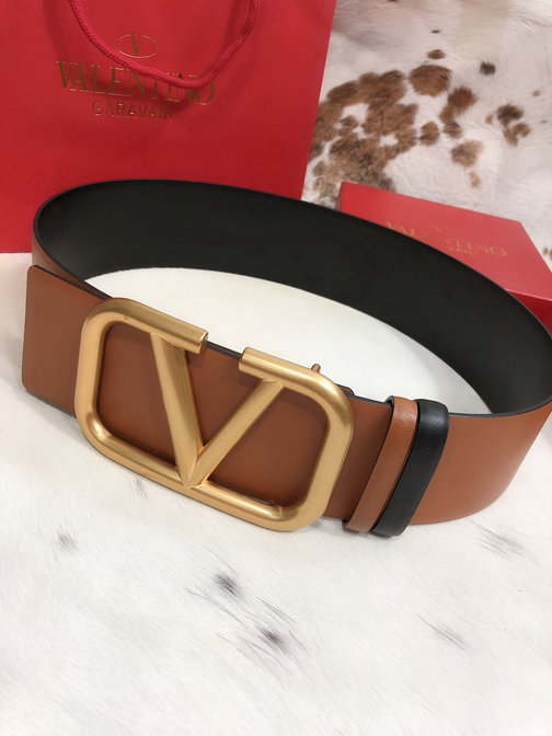 Valentino 70mm VLogo Signature Belt in Saddle Brown/Black Calfskin Leather
