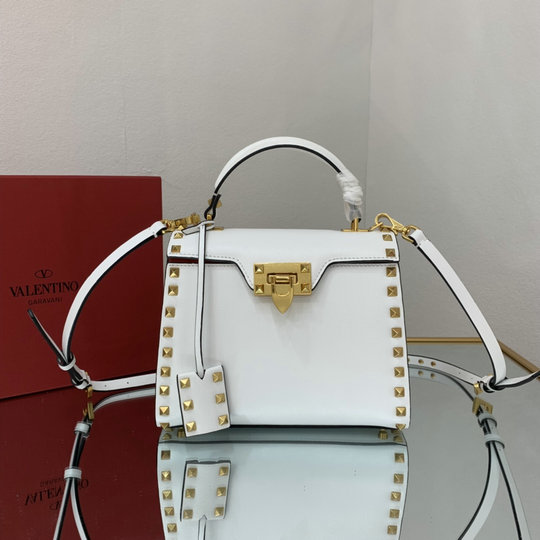 2021 Valentino Small Rockstud Alcove Grainy Calfskin Handbag in Optic White